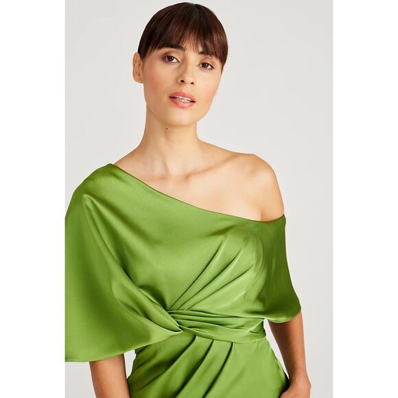 THEIA Polly Satin Cocktail Dress One Shoulder 88111306-8088 Paradise Green 2 NEW - Picture 6 of 9